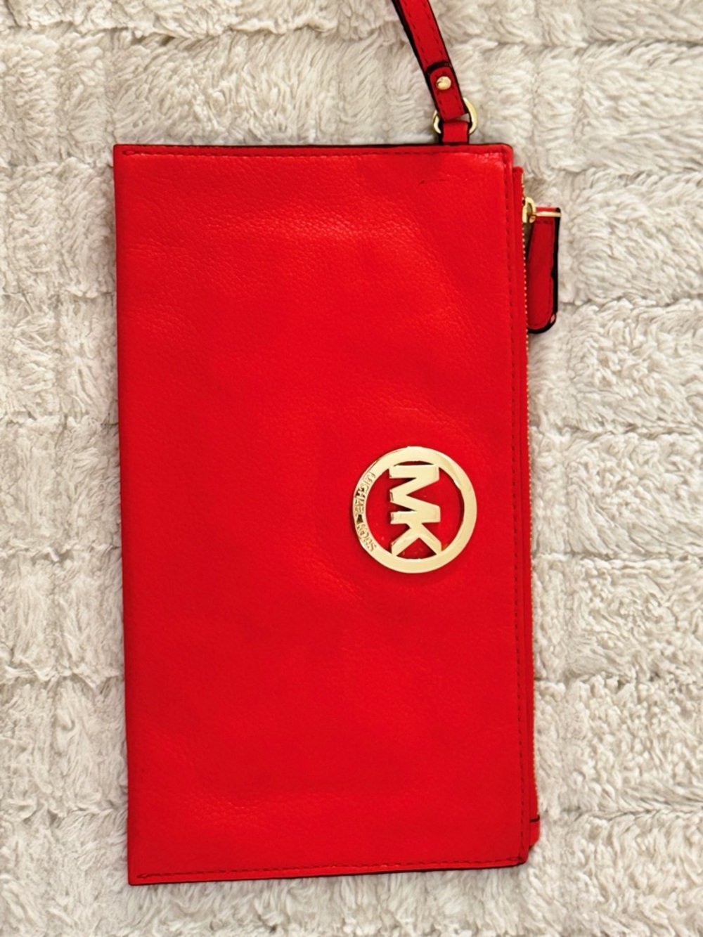 Michael Kors Bright Red Leather Wristlet with Gold Logo